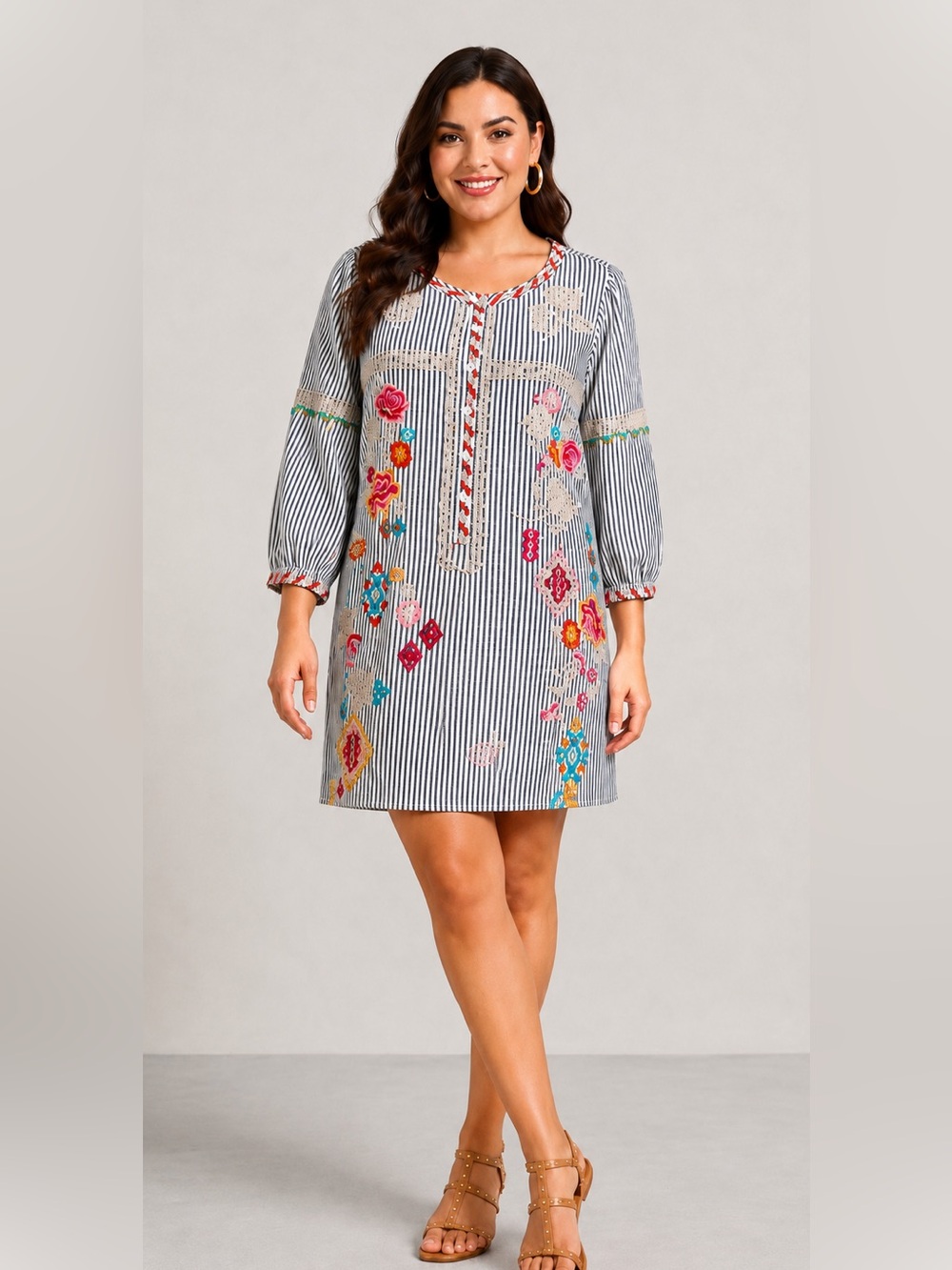 NWT Savanna Jane Embroidered
Striped Boho Tunic Dress ~Floral
Embroidery~ 1X
